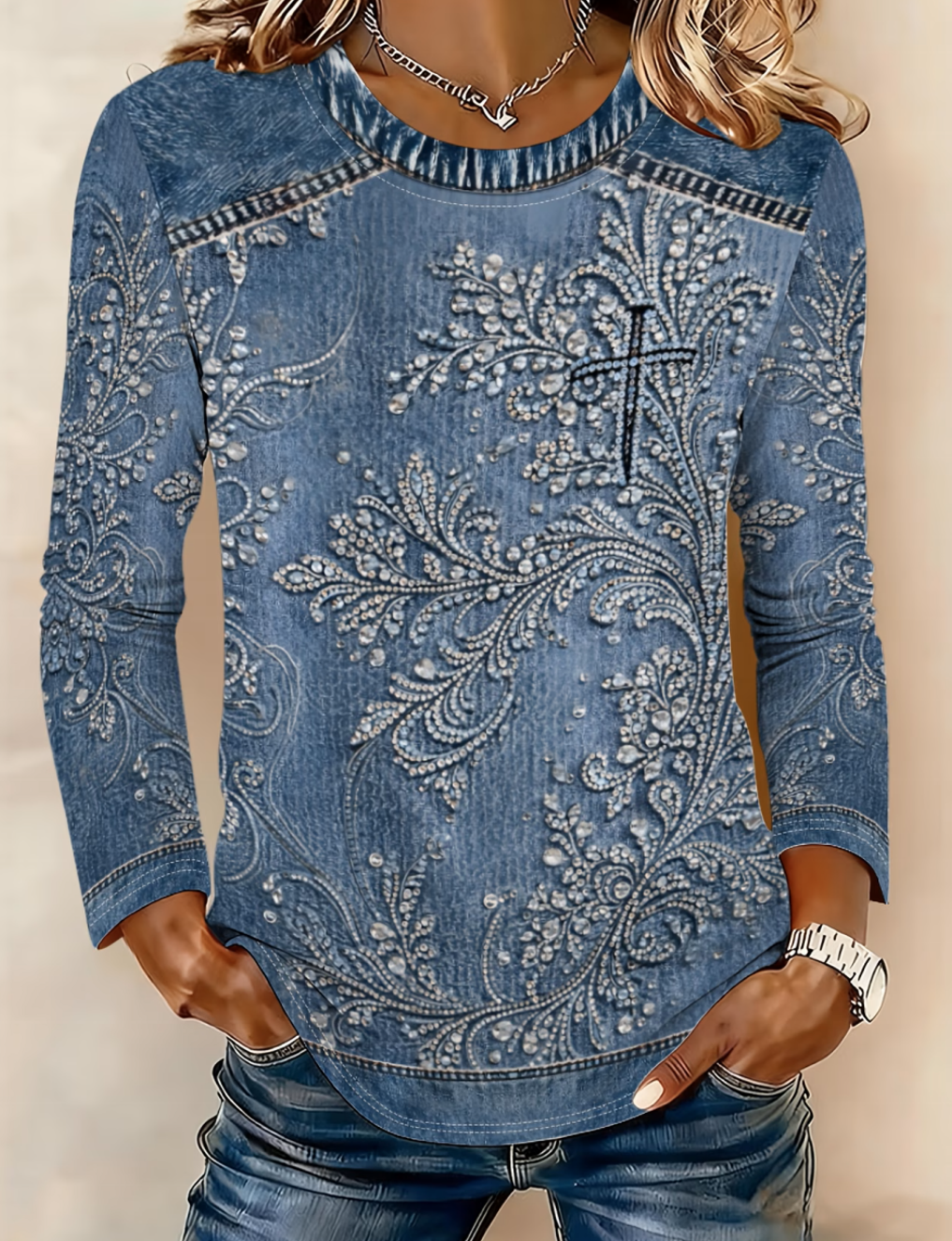 Faux Denim Print Graphic Loose Casual T-Shirt
