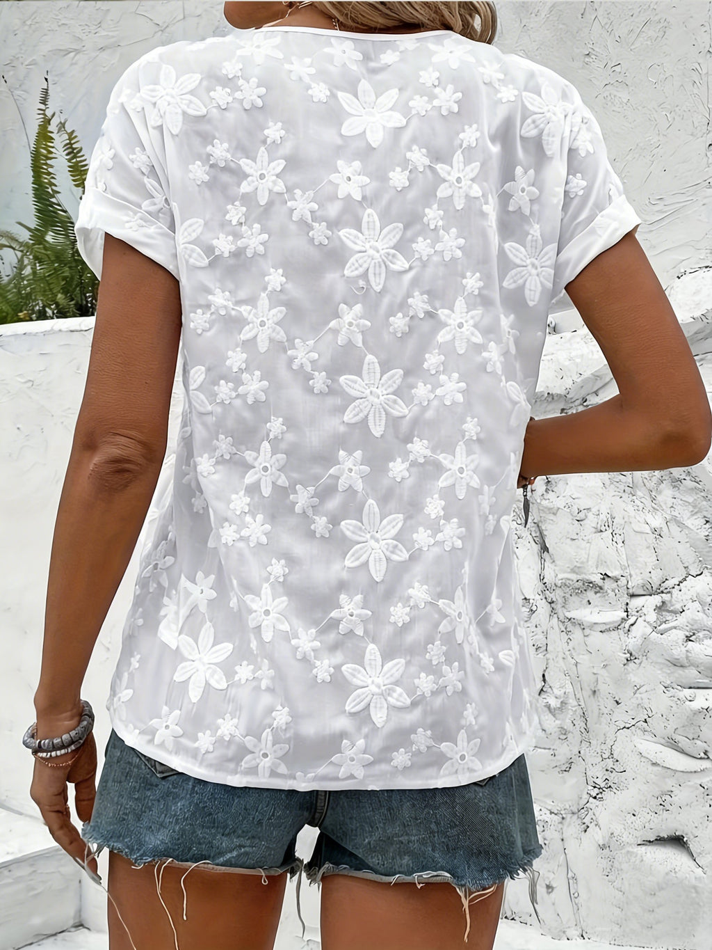 Embroidery Patterns Lace V Neck Short Sleeve Summer Going Out Casual Blouse