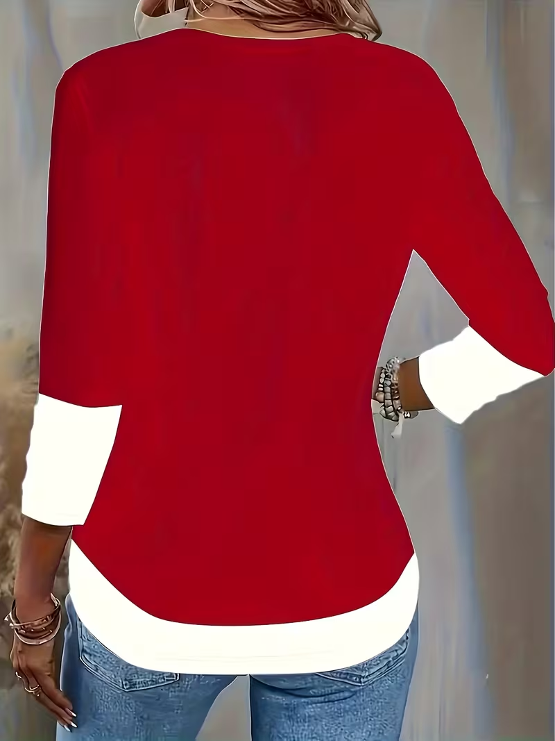 Women's Long Sleeve T-shirt Spring/Fall Red Christmas Printing Jersey V Neck Daily Going Out Casual Top