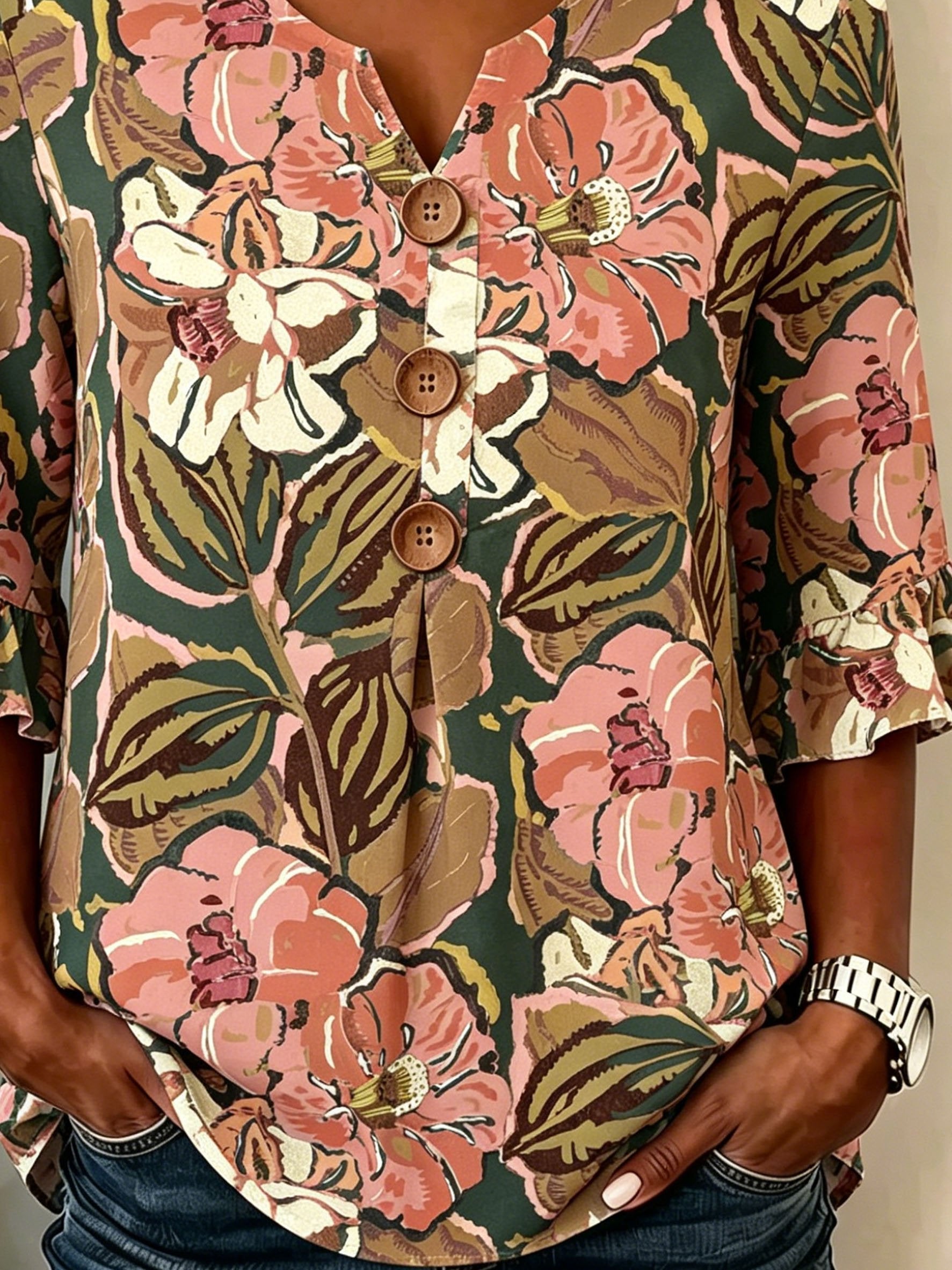 Women's Retro Floral Print Half Sleeve Ruffle Cuff Blouse Summer V Neck Button Daily Going Out Vintage Top