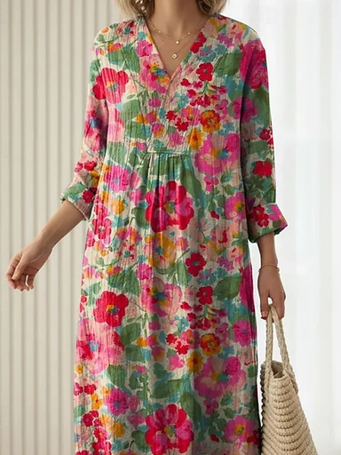 Linen Blend V Neck Casual Dress With No