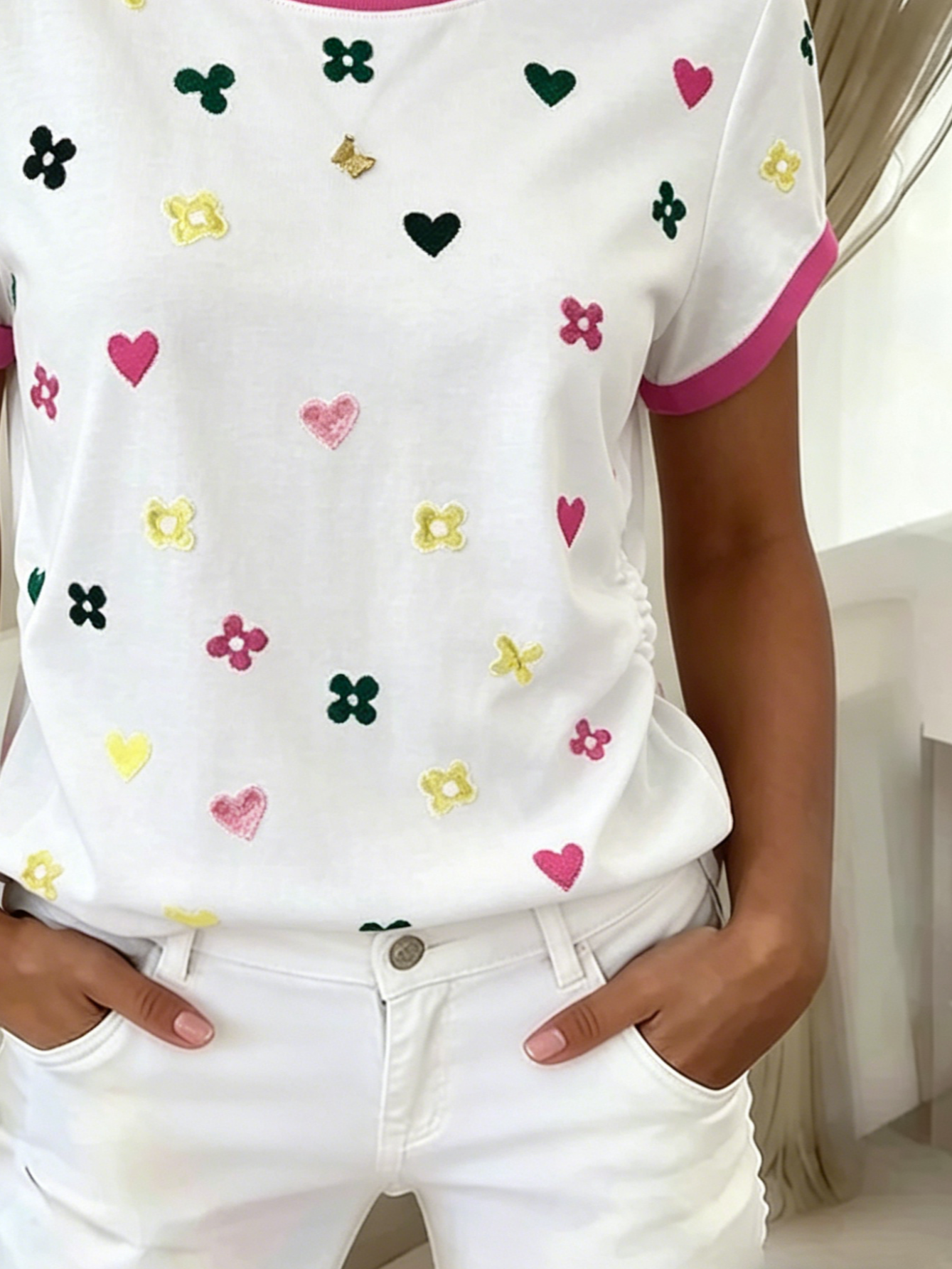 Crew Neck Cotton Casual Heart/Cordate T-Shirt