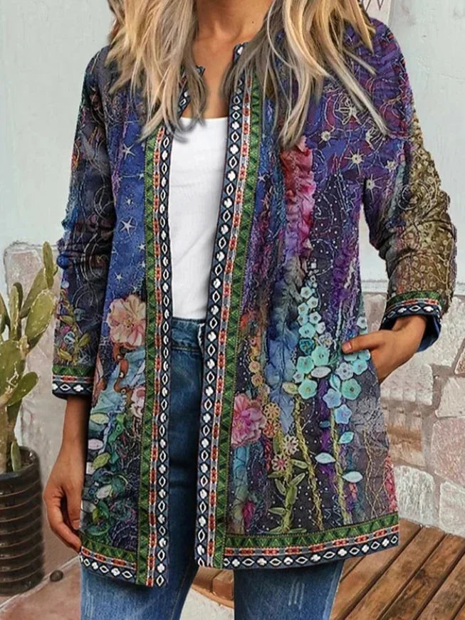 Women Casual Floral Spring/Fall Zipper Natural Loose Regular Jackets