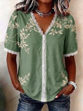 Casual Regular Fit V Neck Botanical Pattern Blouse