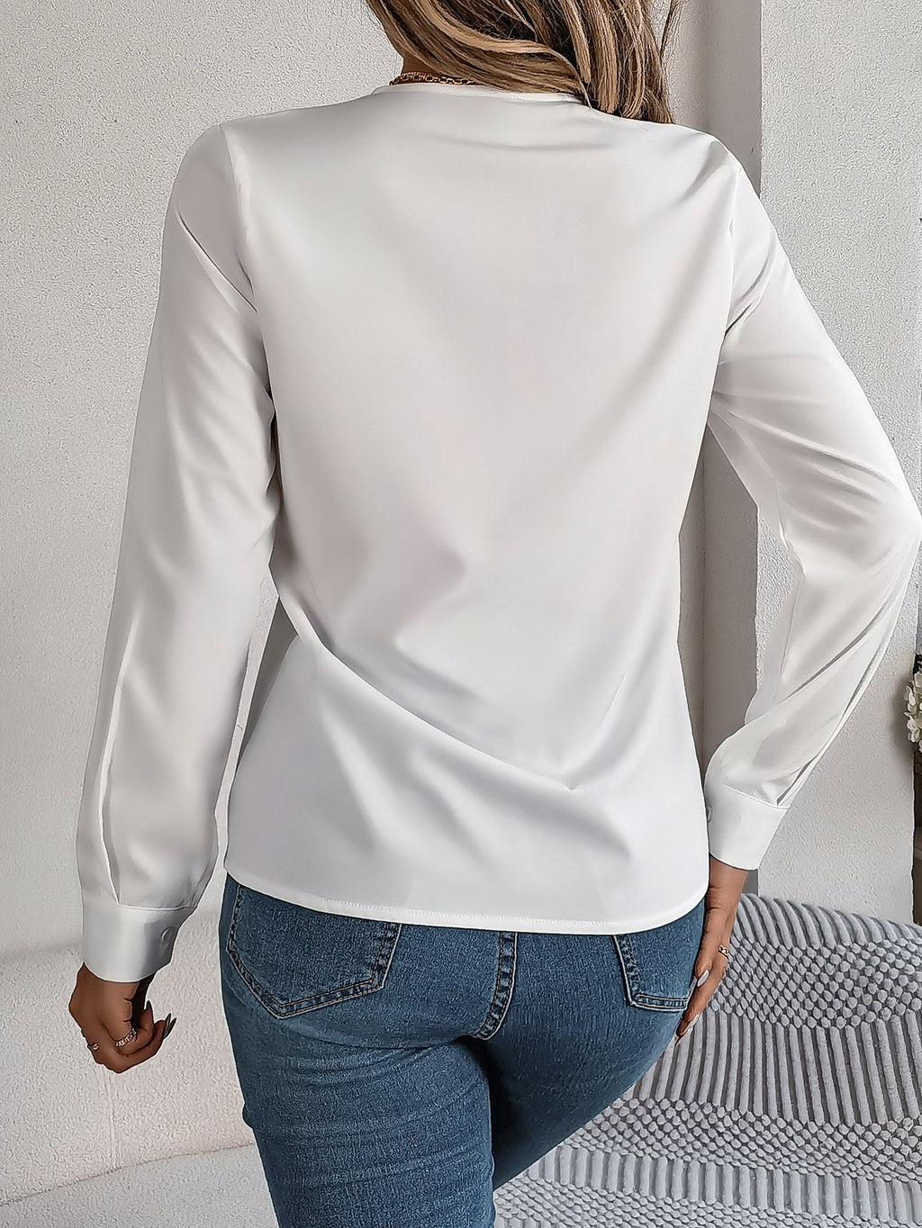 Women's Long Sleeve Shirt Spring/Fall White Plain Split Joint Tencel Fiber V Neck Daily Going Out Casual Top