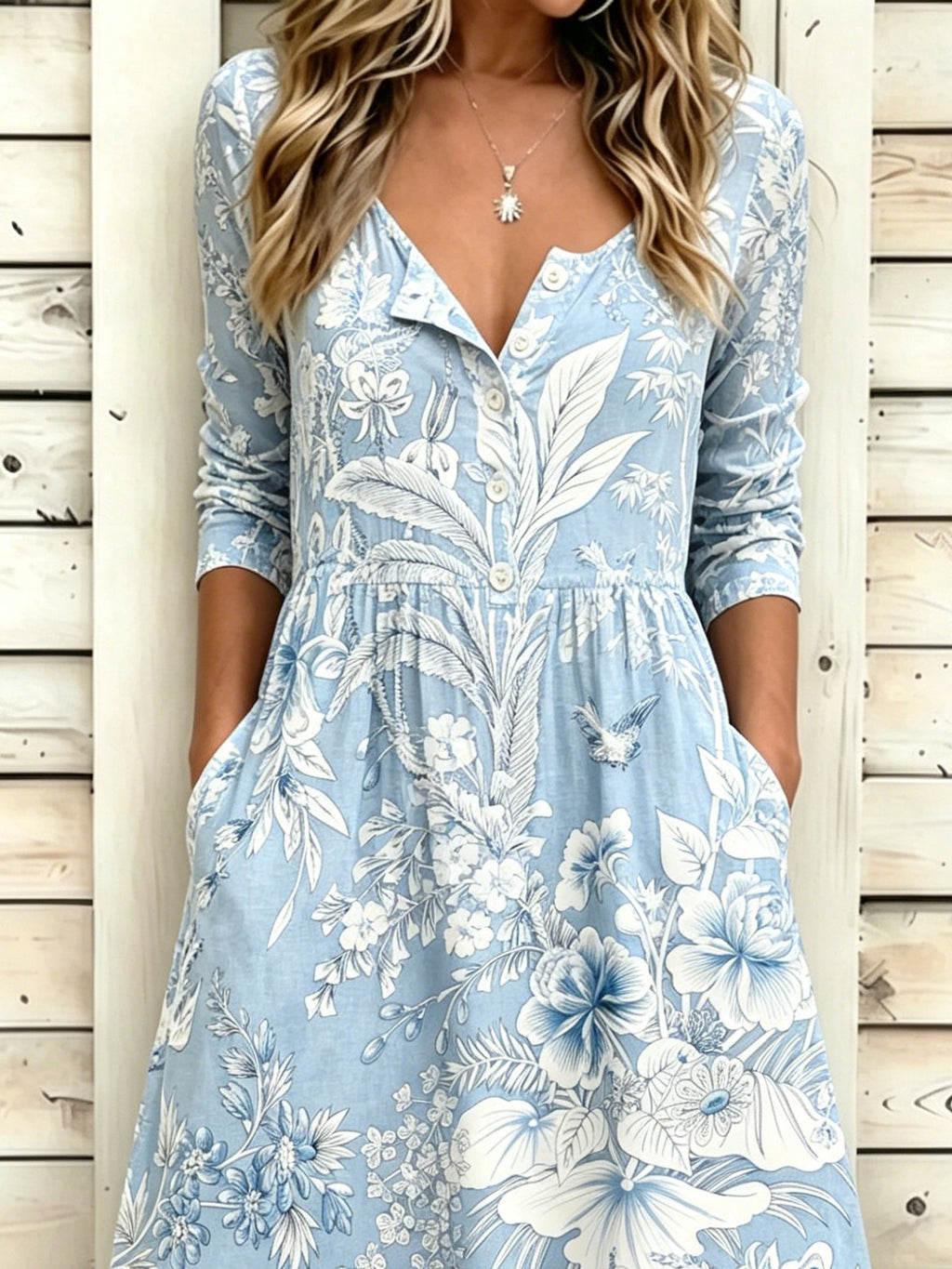 Botanical Print Half Sleeve Round Neck Button A-Line Vintage Casual Dress