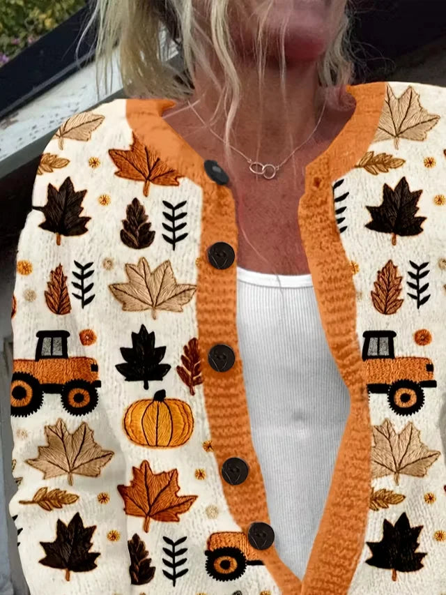 Women's Pumpkin Maple Leaf Print Crew Neck Button Cardigan