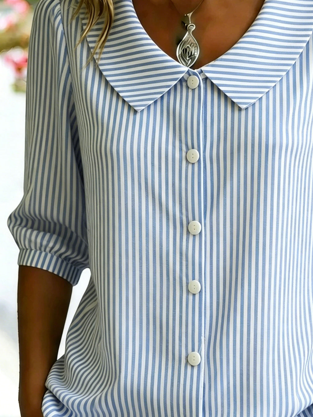3D Printing Linen Blend Blue Stripe Shawl Collar Button Loose Casual Shirt