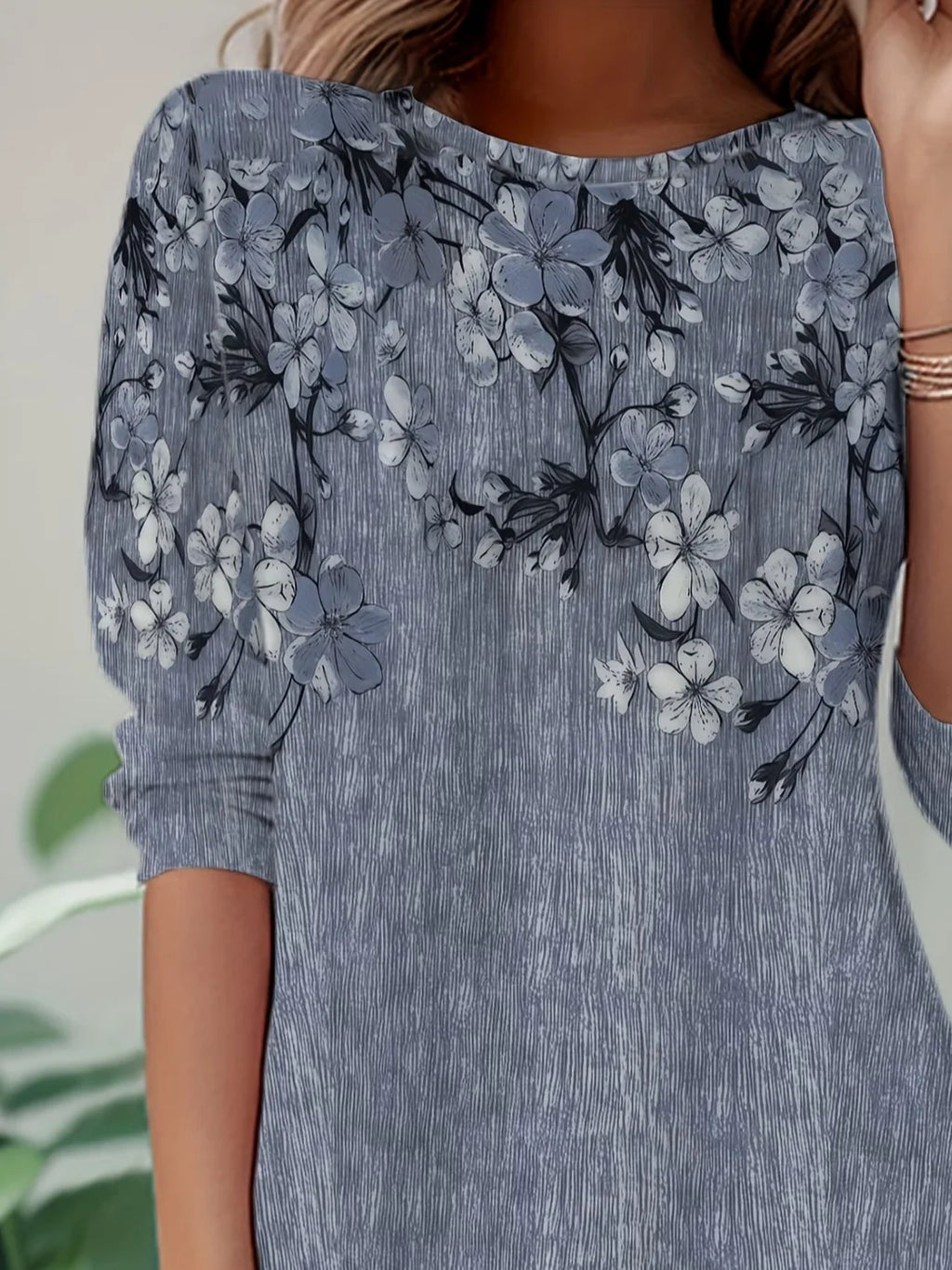 Women's Long Sleeve T-shirt Spring/Fall Gray Floral Jersey Crew Neck Daily Going Out Casual Top