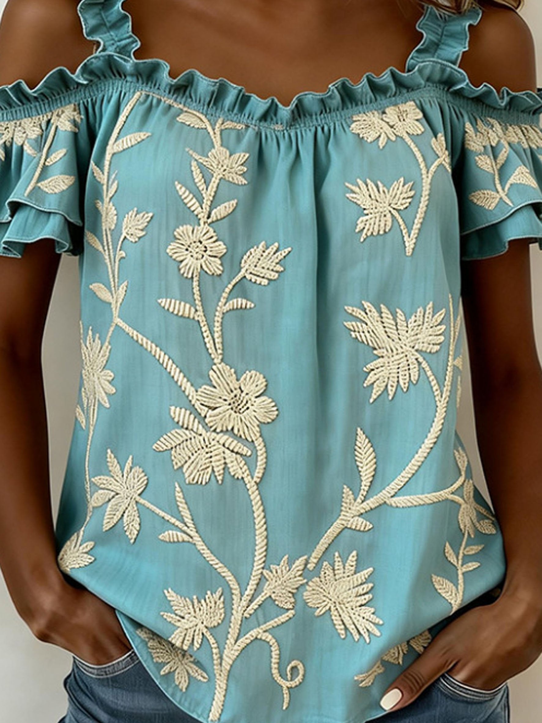 Loose Shoulder Strap Ruffle Short Sleeve Floral Off The Shoulder Summer Casual Top