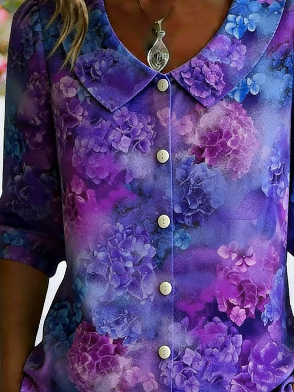 3D Printing Linen Blend Purple Floral Shawl Collar Button Loose Casual Shirt