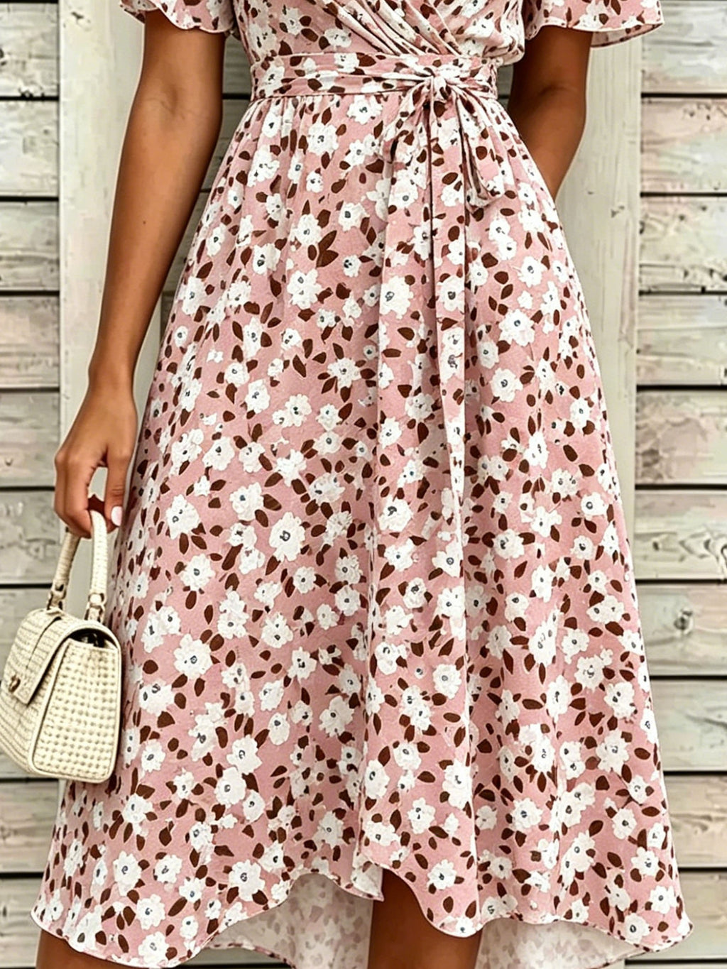 V Neck Puff Short Sleeve Belt Pink Floral Elegant Maxi Dress