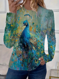 Women's Peacock Print Casual Round Neck Long Sleeve T-Shirt