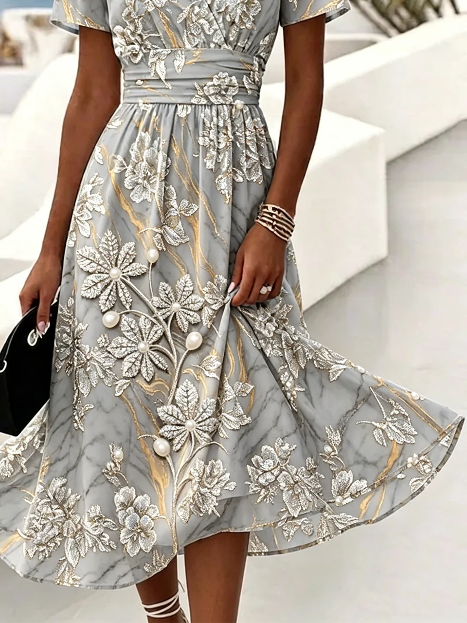 Women's Grey Marble Floral 3D Print Slimming Wrap Midi Dress V-Neck Short Sleeve Elegant A-Line Dress