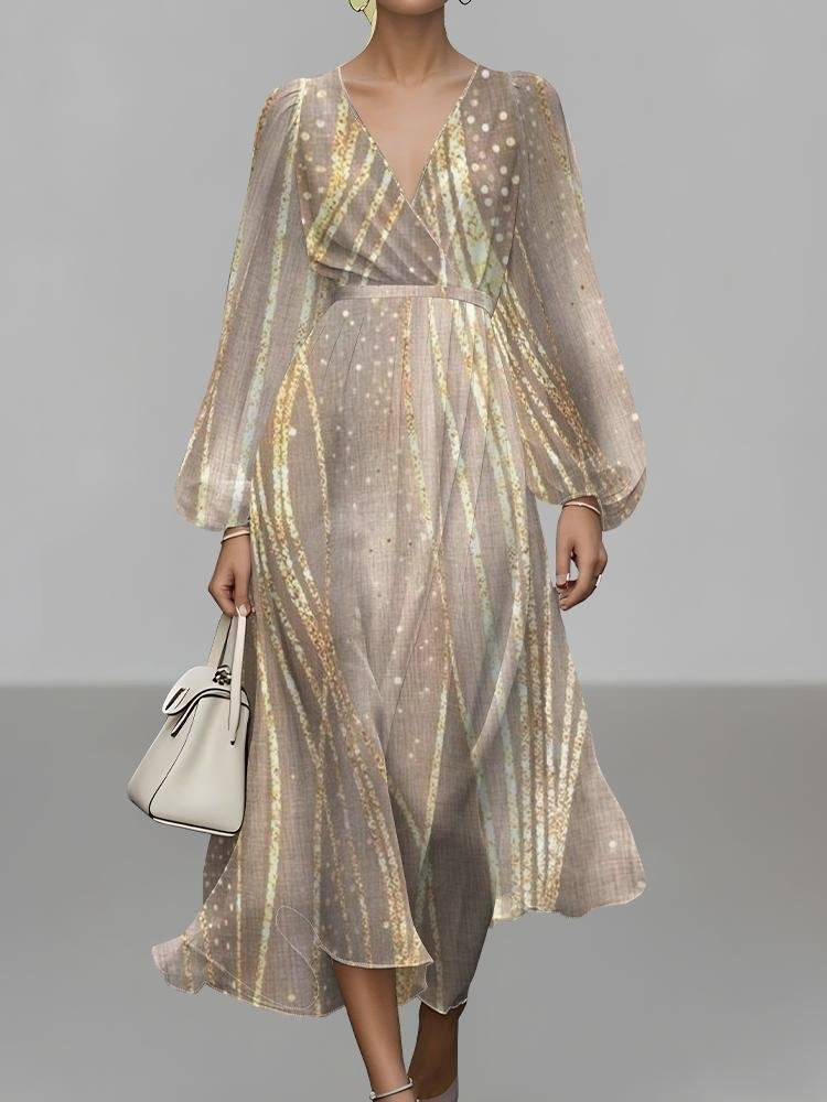 Women's Gold Glitter Print Maxi Dress V-Neck Long Sleeve Wrap A-Line Cocktail Party Dress