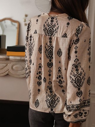 Loose Elegant Balloon Sleeve Cotton-Blend Floral Shirt