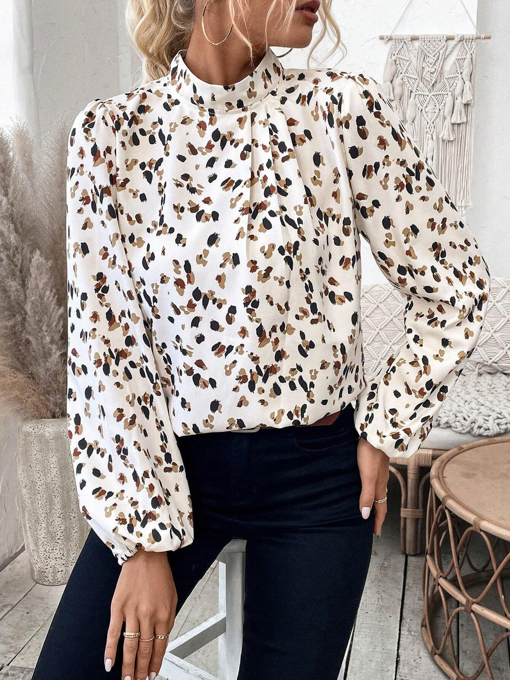 Women's Long Sleeve Shirt Spring/Fall Off White Leopard Split Joint Mock Neck Daily Going Out Casual Top