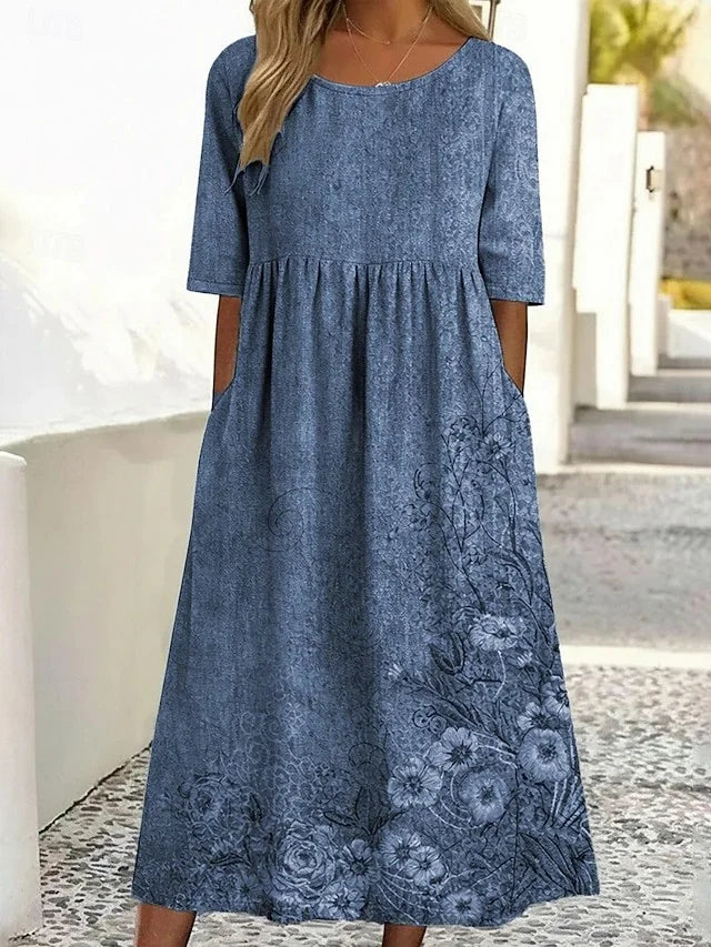 Loose Casual Crew Neck Floral Dress With No