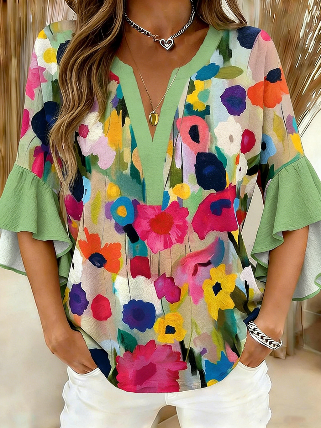 Vintage V Neck Botanical Pattern Loose Shirt