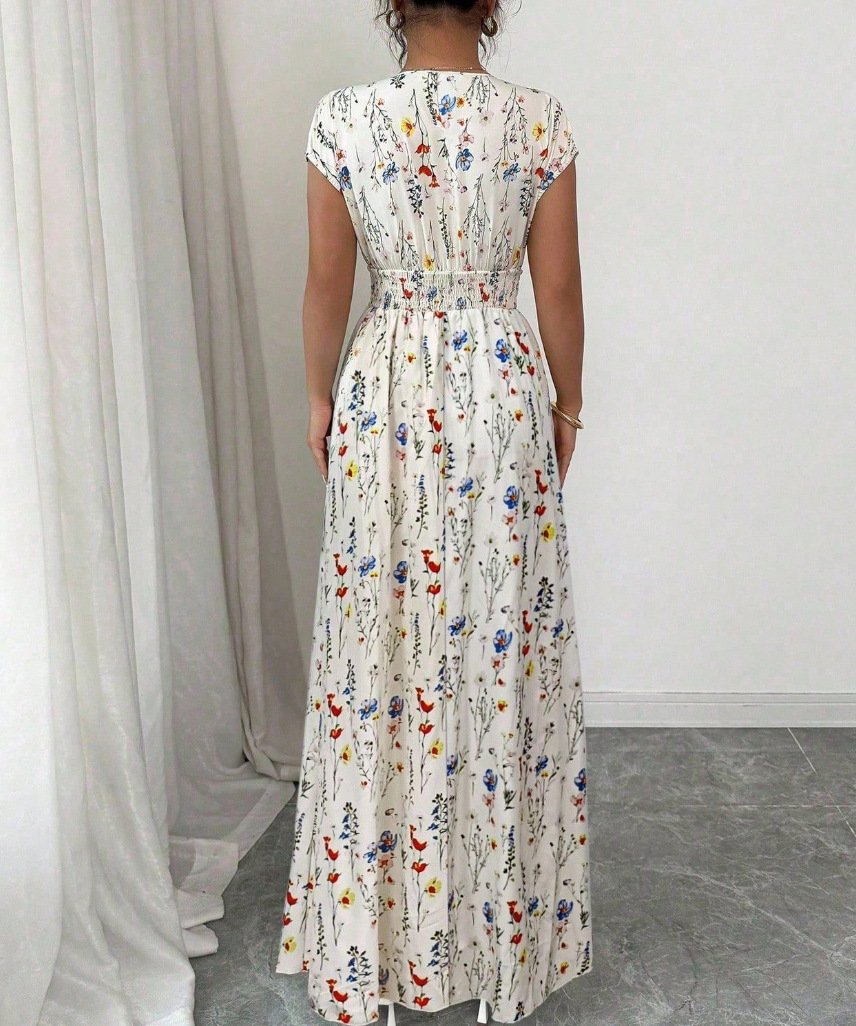 Floral Loose Elegant V Neck Dress With No
