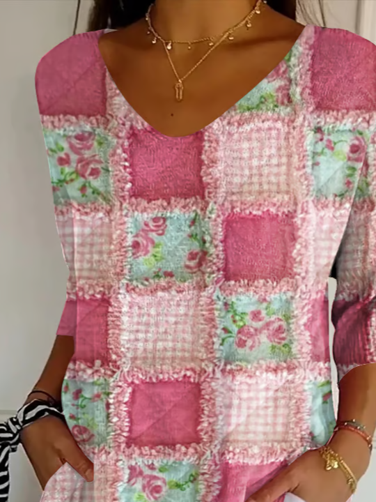 Women's Three Quarter Sleeve T-shirt Spring/Fall Pink Floral Printing V Neck Daily Going Out Casual Top