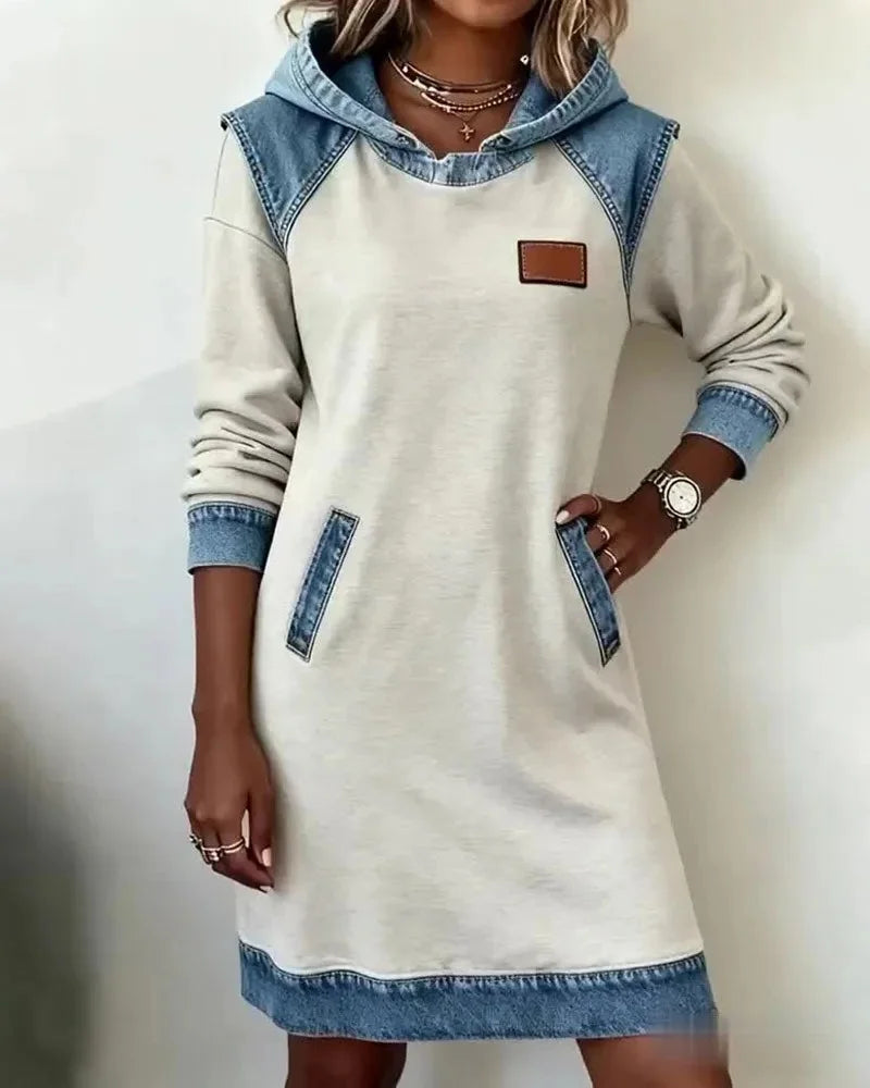 Women’s White Jean Patchwork Long Sleeve Hooded Midi Sweatshirt Dress