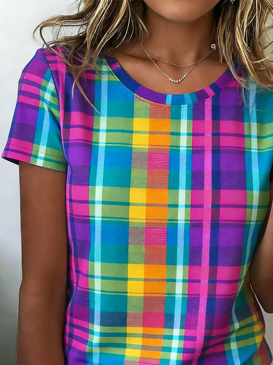 Plaid Loose Crew Neck Casual T-Shirt