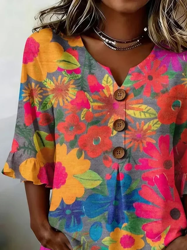Women's Half Sleeve Blouse Summer As Picture Floral Printing V Neck Daily Going Out Vintage Top