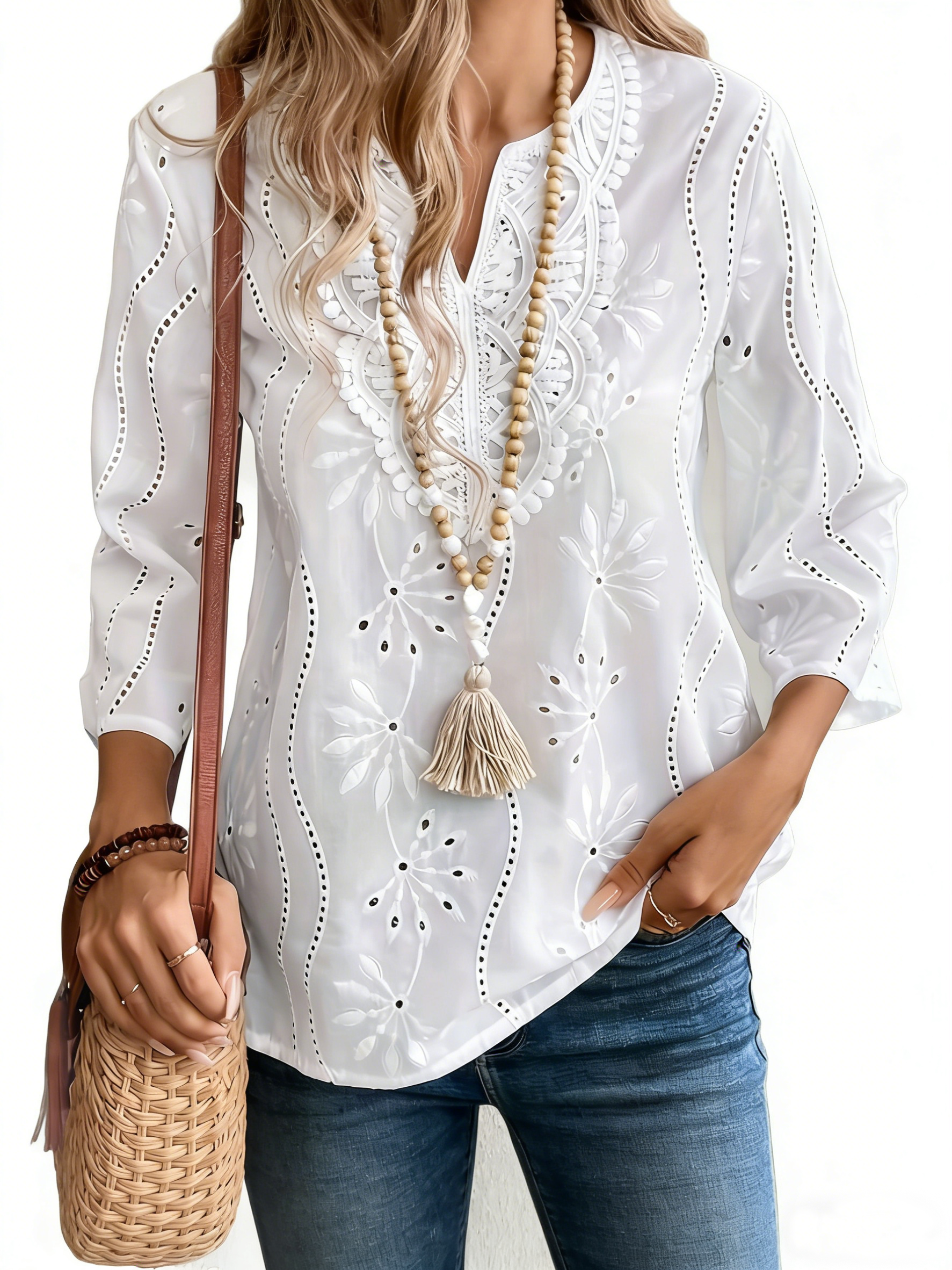 Loose Fit Flared Sleeves V Neck Lace Blouse