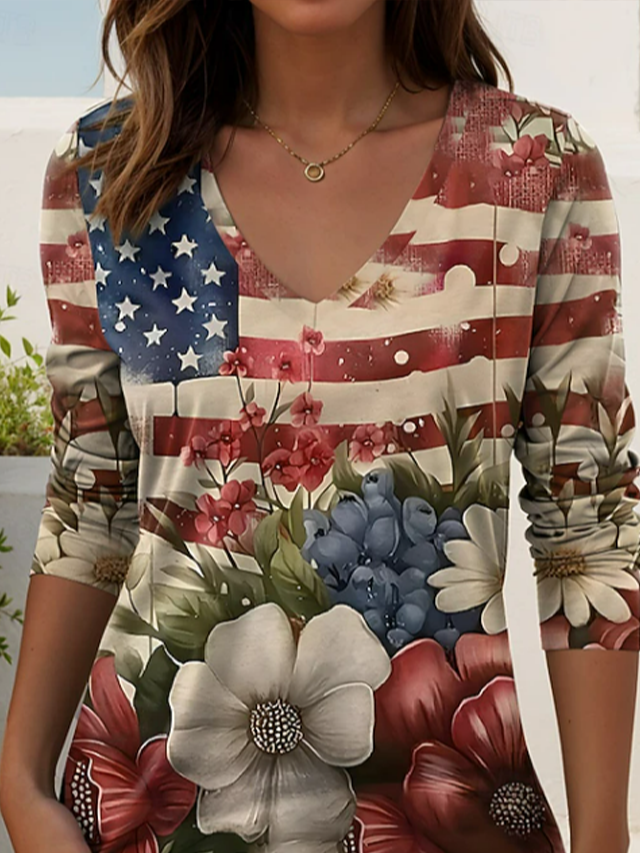 Women's Long Sleeve T-shirt Spring/Fall As Picture America Flag Printing V Neck Holiday Going Out Casual Top