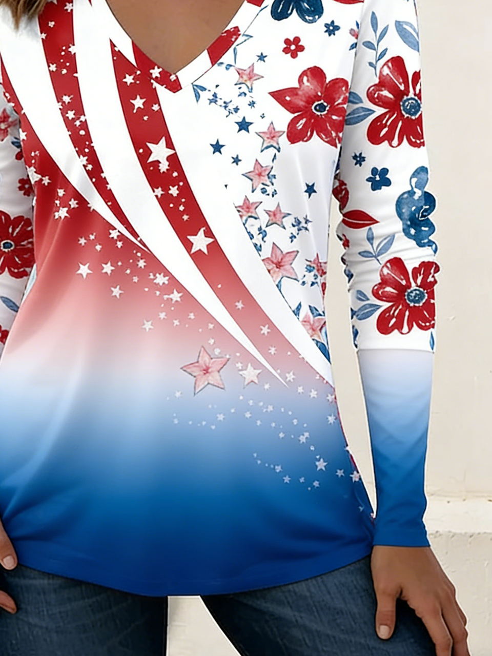 Cotton-Blend Elegant V Neck Independence Day T-Shirt