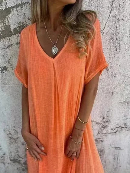 Casual Plain V Neck Midi Dress