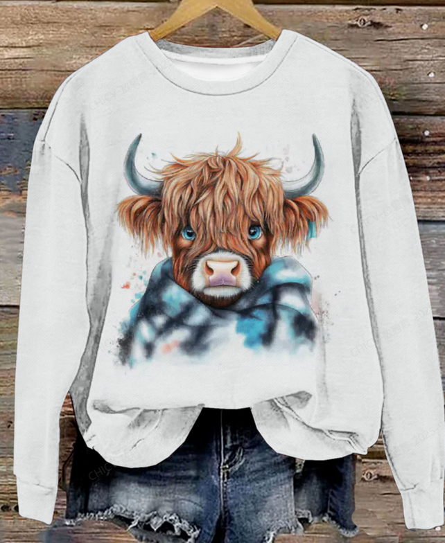 Scottish Highland Cattle Wearing A Plaid Scarf Sweatshirt