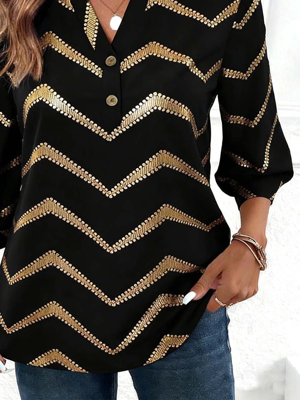 Striped Loose V Neck Elegant T-Shirt