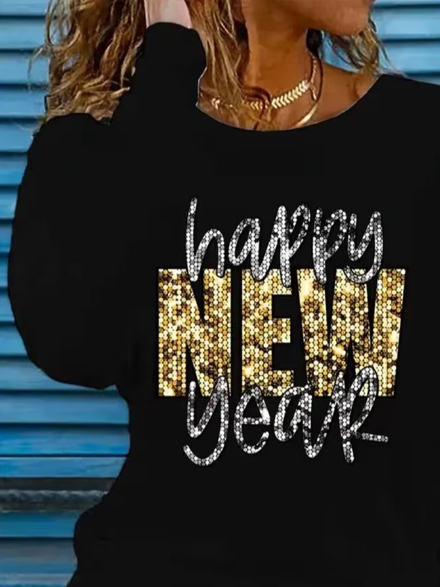 Women's Long Sleeve Happy New YearT-shirt Spring/Fall Black Text Letters Jersey Crew Neck Daily Going Out Casual Top