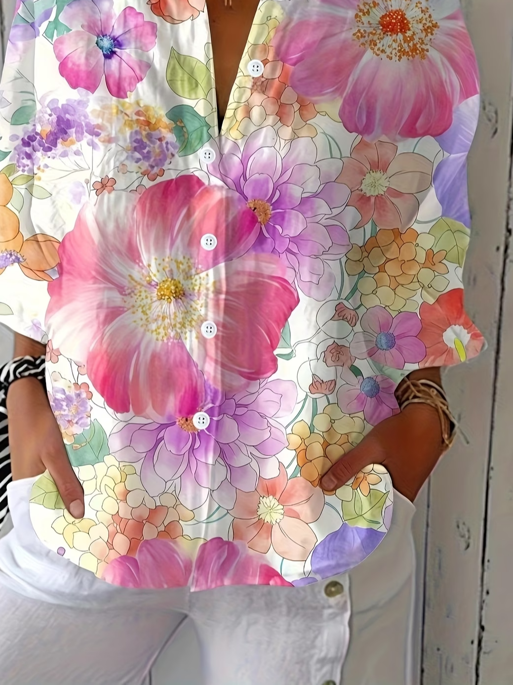 Women's Three Quarter Sleeve Shirt Spring/Fall As Picture Floral Printing Shirt Collar Daily Going Out Casual Top