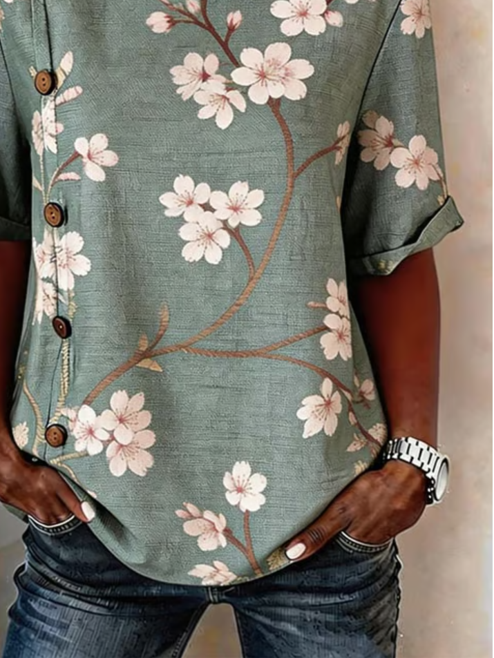 Floral Loose Linen Blend Elegant Shirt