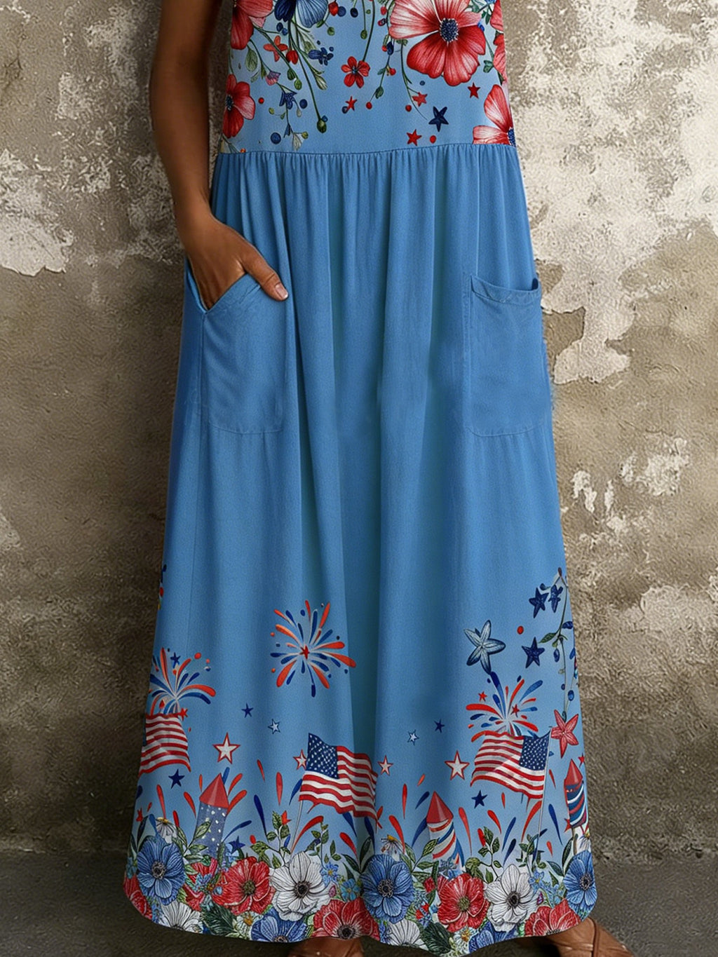 3D Printing Floral America Flag Sleeveless Ruffle Round Neck Pocket Vaation Casual Maxi Dress