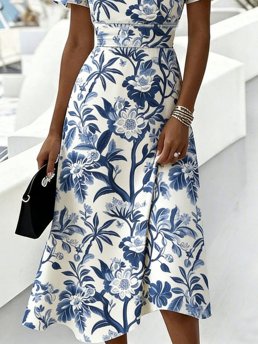 Floral Printed V Neck Short Sleeve Summer Casual Maxi Dress