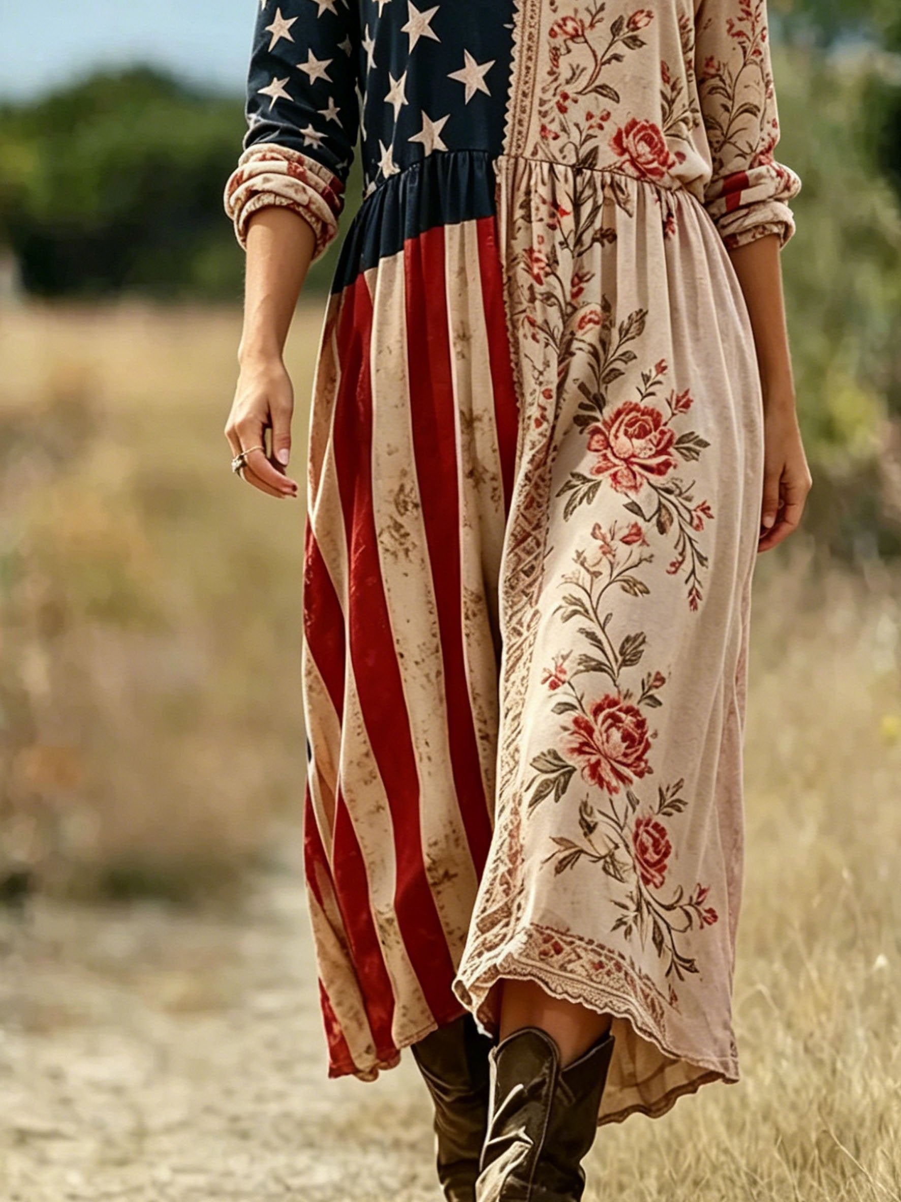 Women Floral V Neck Vintage America Flag Spring Summer A-Line Maxi Dress