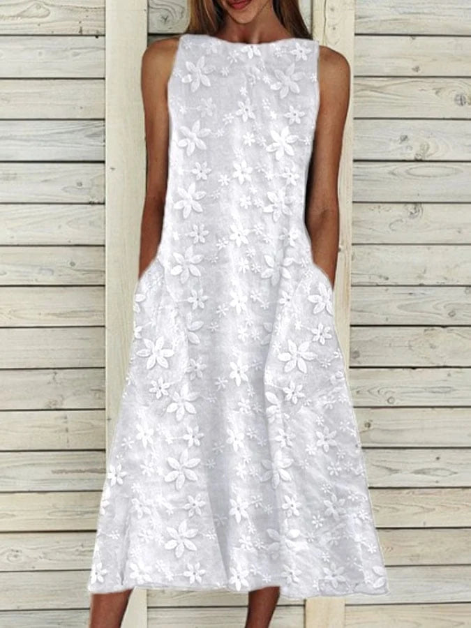 Women's Sleeveless Summer White Floral Printing Crew Neck Daily Going Out Casual Maxi H-Line Fit & Flare Dress Dress