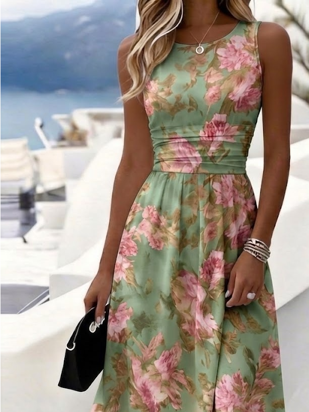 Women's Green Floral Print Sleeveless Midi Dress High Waist A-Line Casual Dress