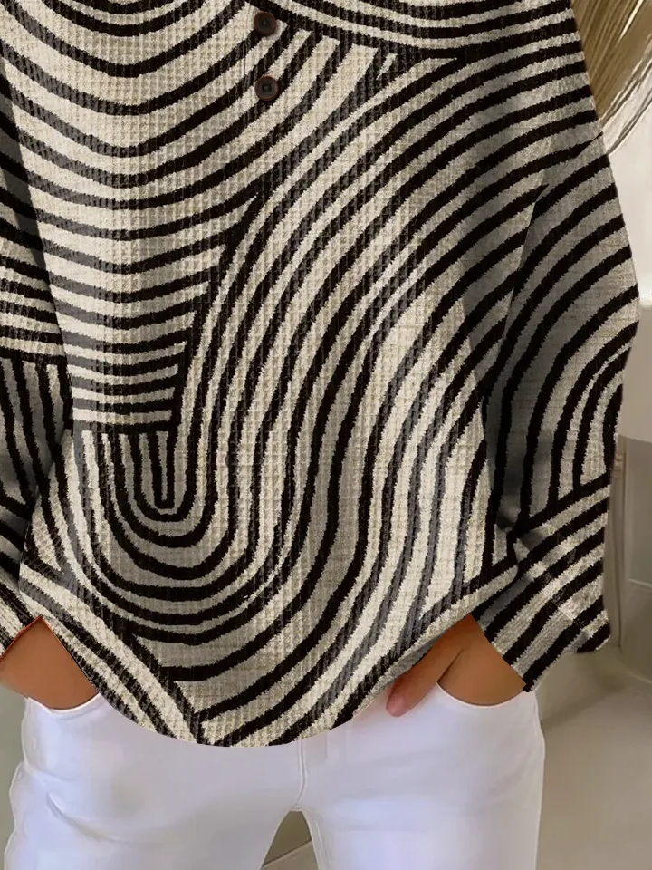 Women's Abstract Print Button-Up Casual Waffle Knit Sweatshirt