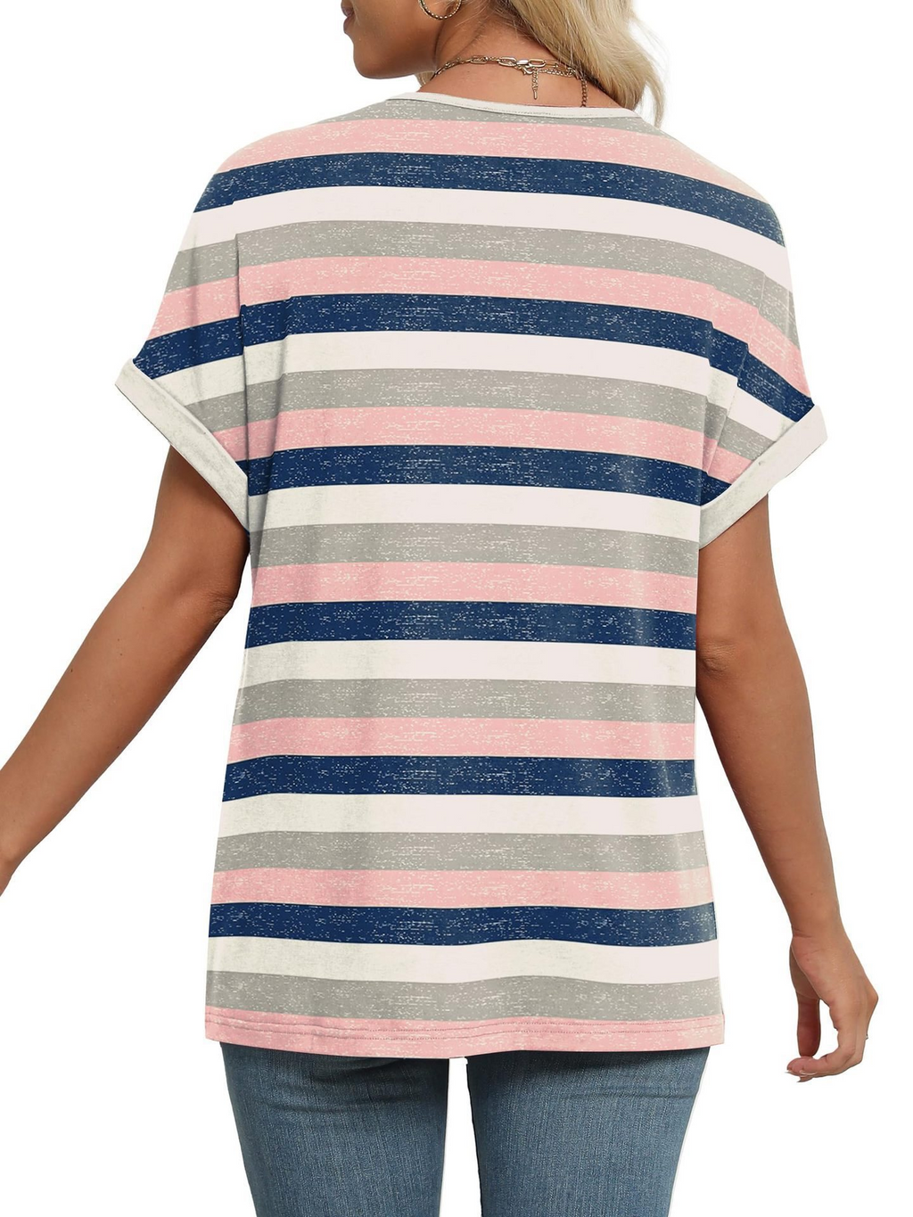 Striped Top Short Sleeve V Neck Casual T-Shirt