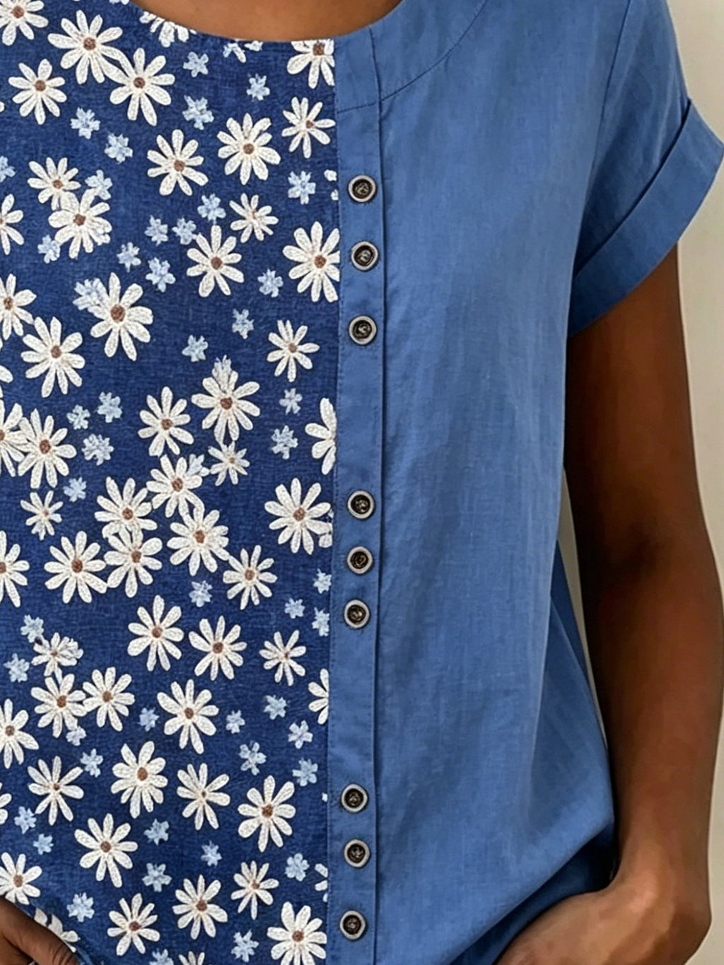 Daisy Floral Casual Linen Blend Crew Neck Loose Casual Top