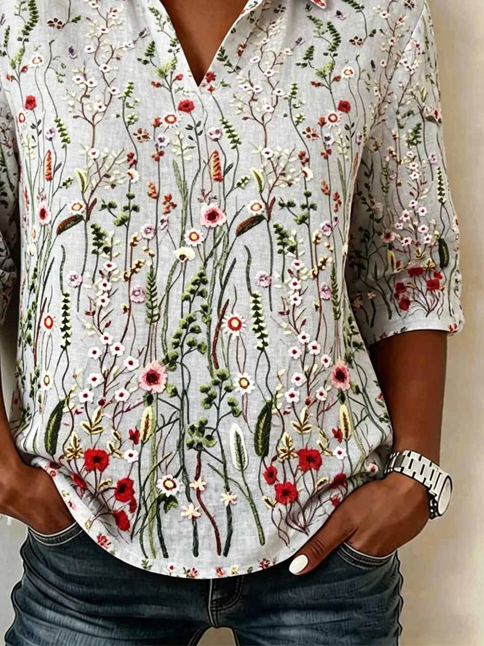 Loose Shawl Collar Vintage Floral Shirt