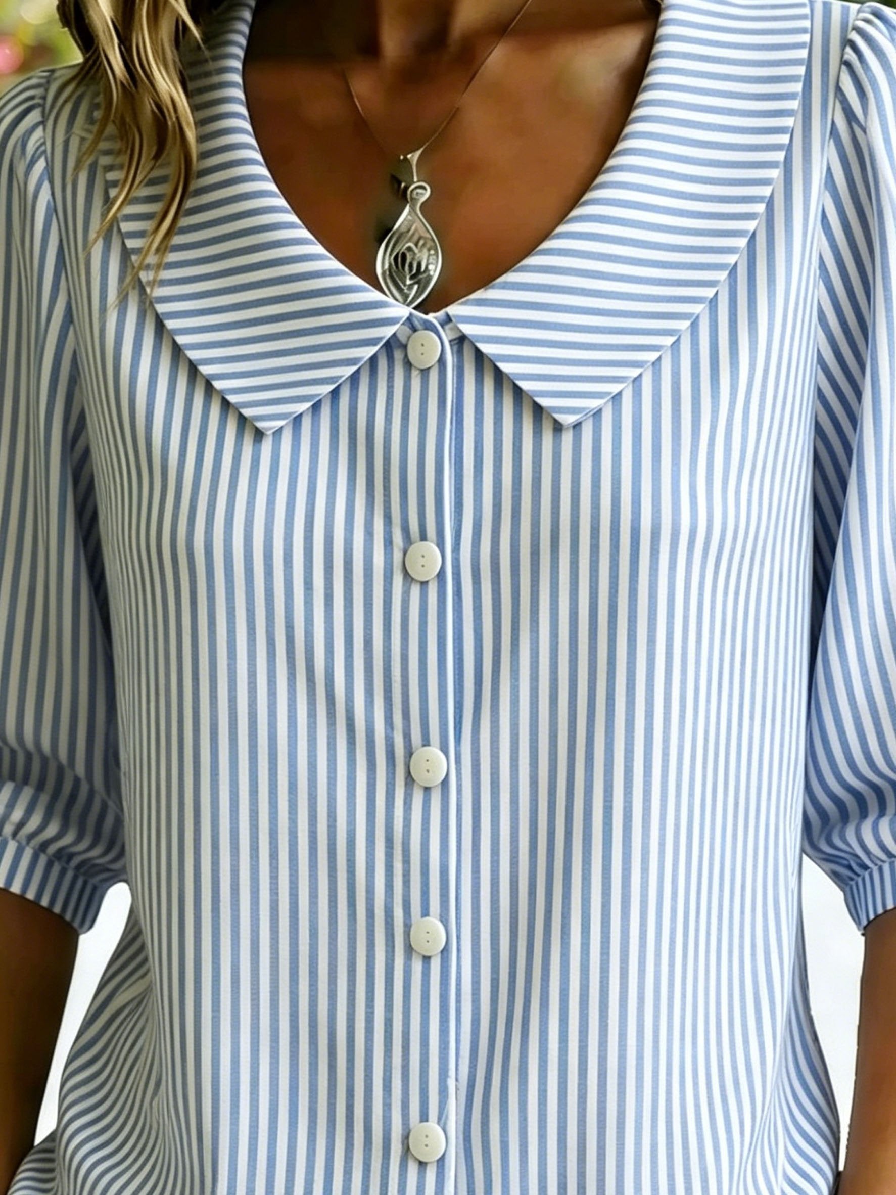3D Printing Linen Blend Blue Stripe Shawl Collar Button Loose Casual Shirt