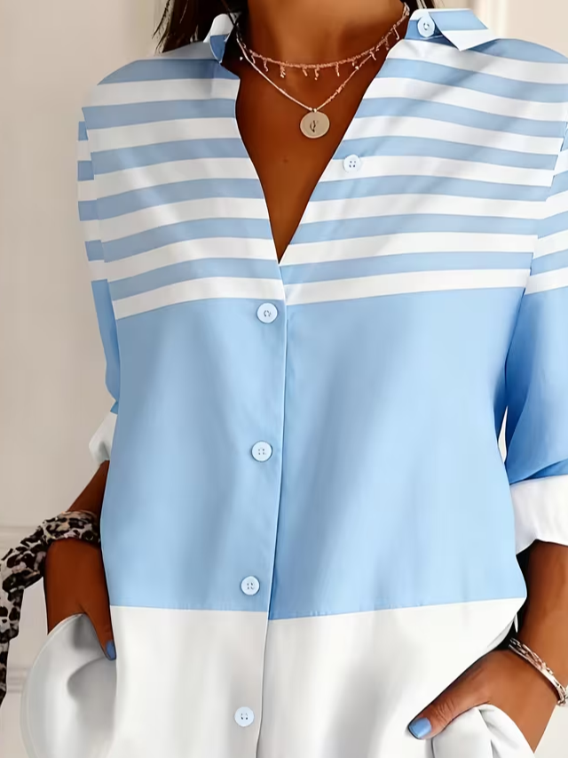 Women's Long Sleeve Shirt Spring/Fall Blue Striped Buckle Shirt Collar Regular Sleeve Daily Going Out Casual Top