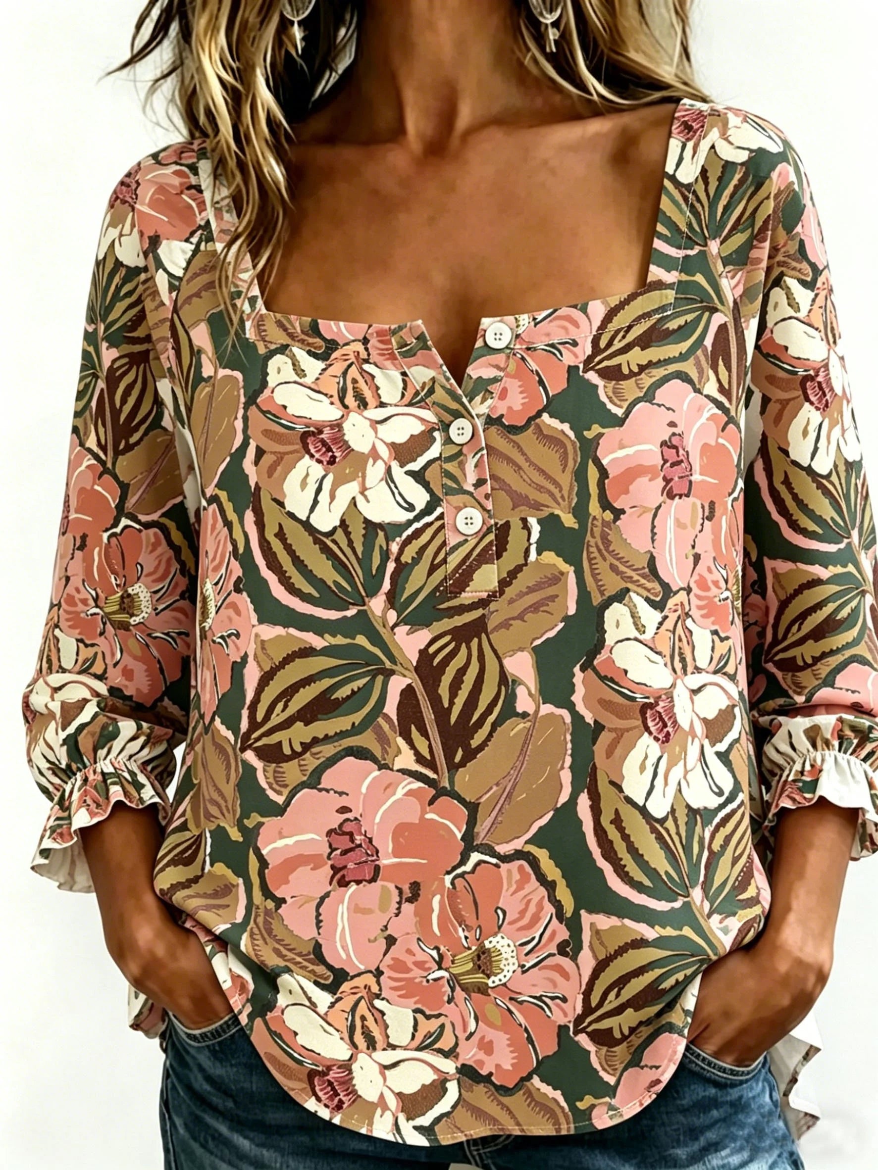 Women's Three Quarter Sleeve Blouse Spring/Fall As Picture Floral Printing Square Neck Daily Going Out Vintage Top