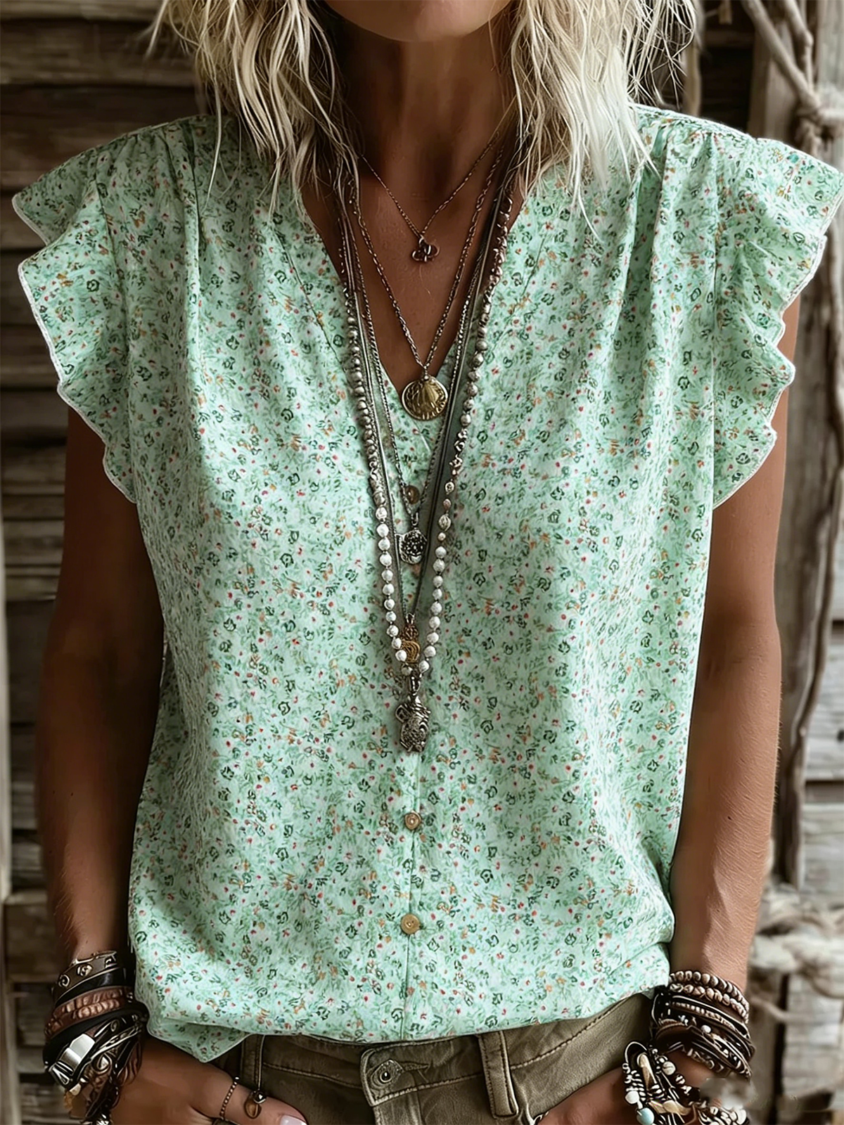 Ditsy Floral Vintage Loose Ruffle Sleeve T-Shirt